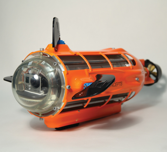 The orange body of NEMO (Nautical Exploratory Modular Observer) was manufactured using Fused Deposition Modeling, a process that extrudes heated ABS thermoplastic through a fine nozzle layer by layer. Control surfaces were manufactured with Selective Laser Sintering, another additive manufacturing process, where CO2 lasers sintered a bed of powdered nylon layer by layer. 