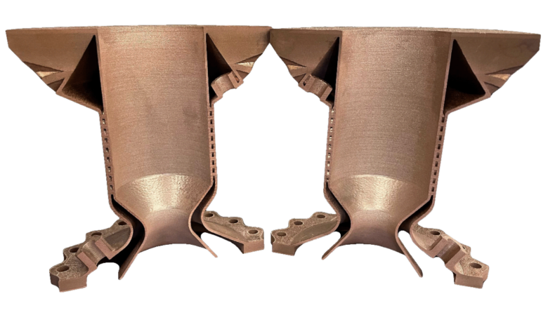 A cross-sectioned thrust chamber 3D printed with GRCop-42.